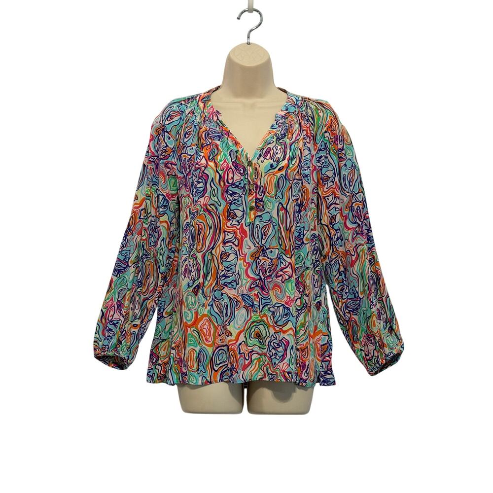 Lilly Pulitzer Elsa Silk Blouse What a Catch Pullover Split V Neck Abstract